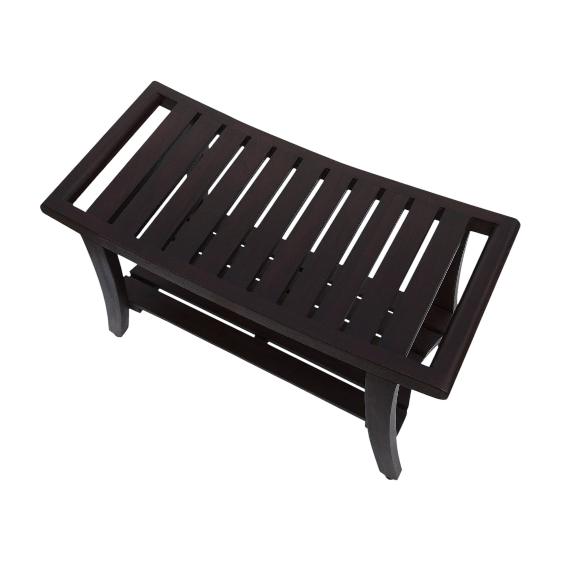 30" Dark Brown Teak Rectangular Shower Bench With Shelf-3