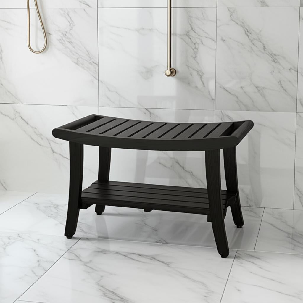 30" Dark Brown Teak Rectangular Shower Bench With Shelf-1