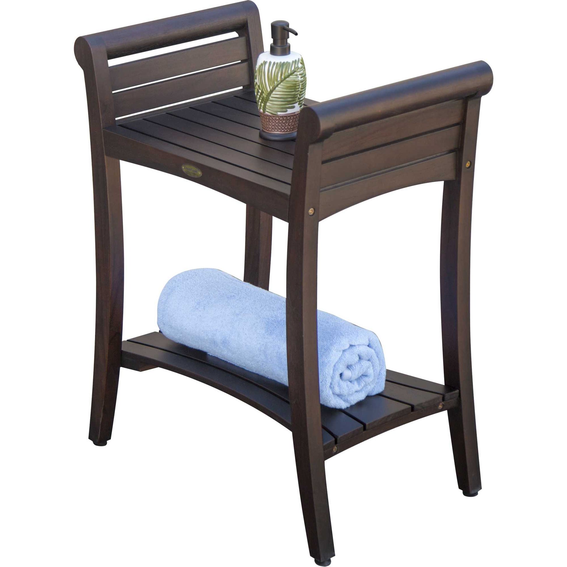 Rectangular Teak Shower Bench With Shelf And Handles In Brown Finish-5