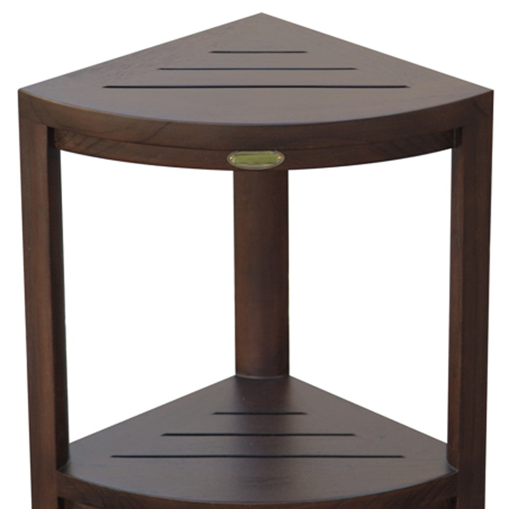 Compact Triangular Teak Shower Outdoor Bench With Shelf In Brown Finish-6