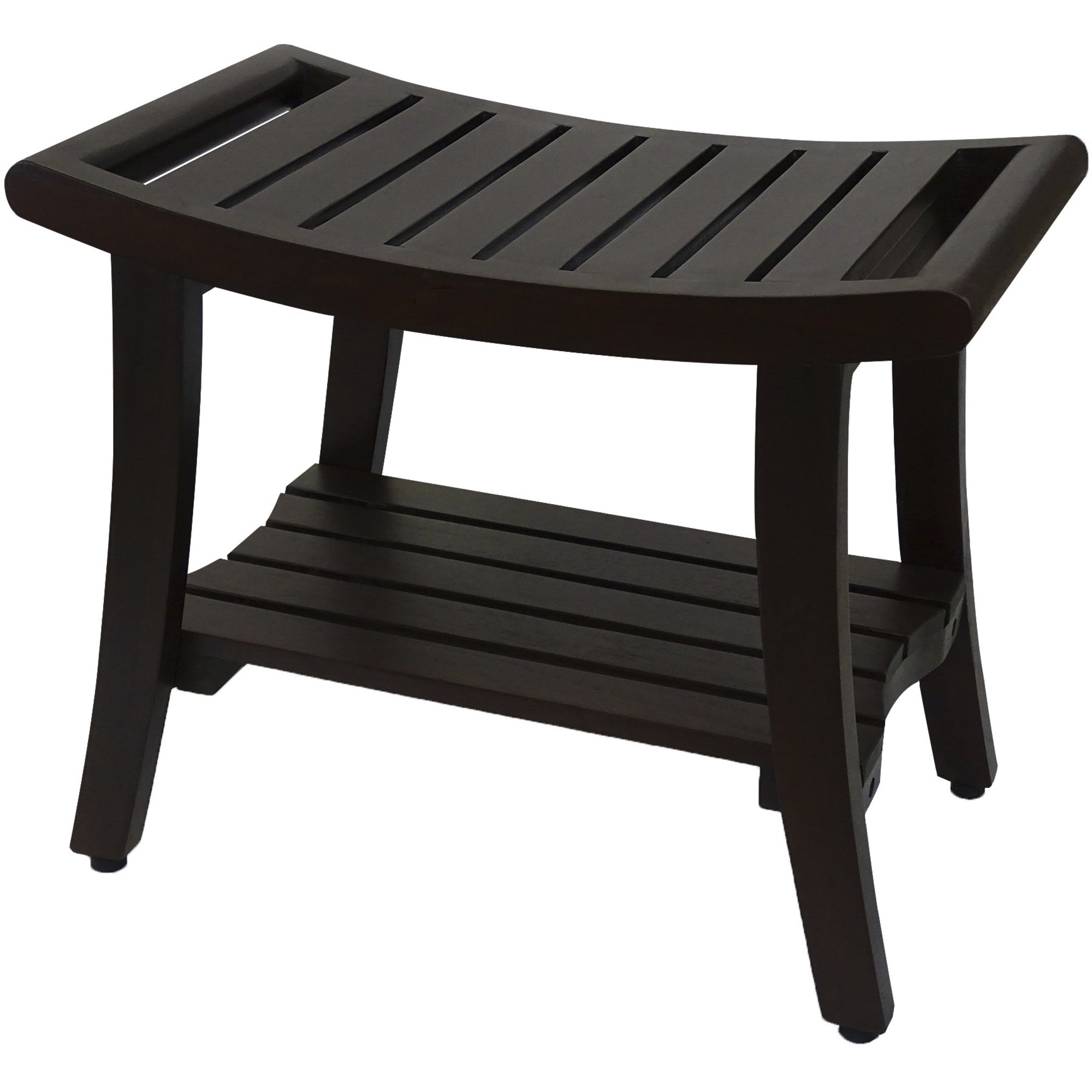 24" Dark Brown Freestanding Teak Shower Bench With Shelf And Handles-3