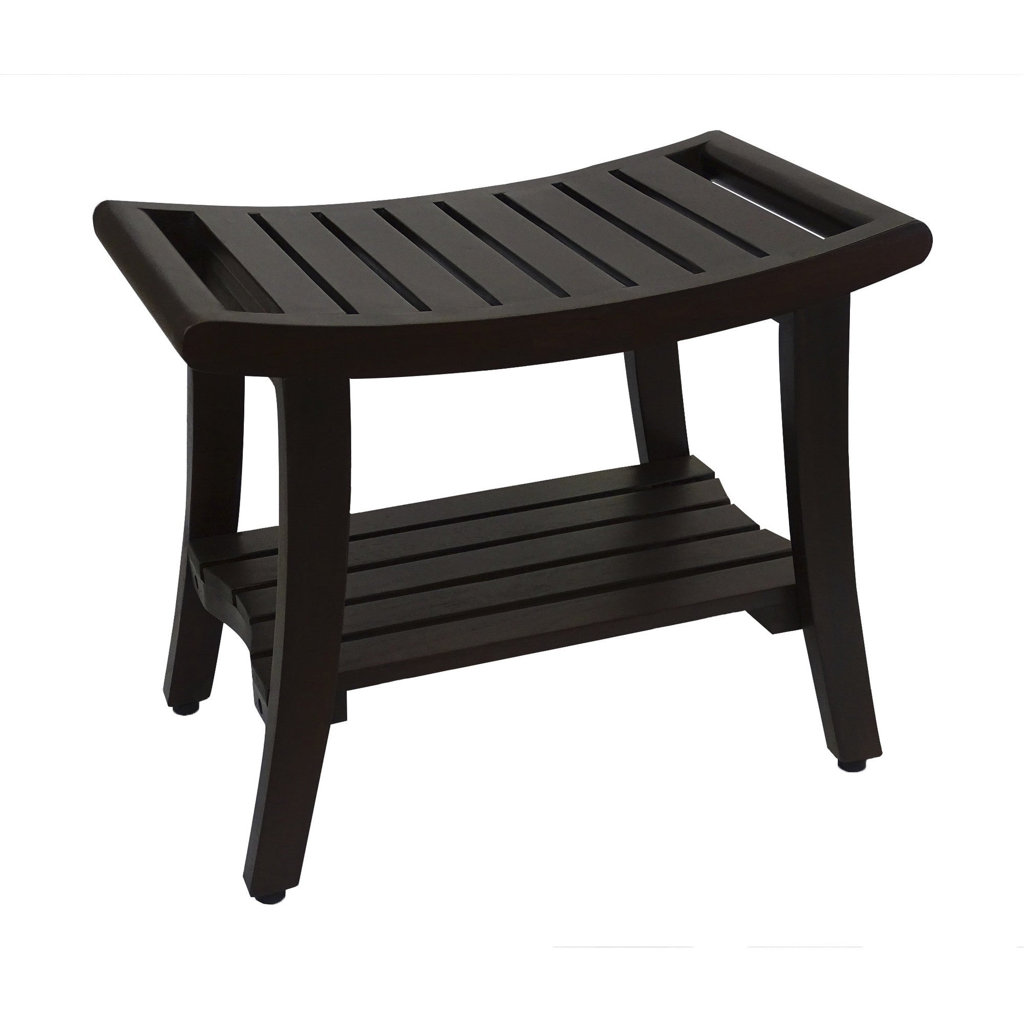 24" Dark Brown Freestanding Teak Shower Bench With Shelf And Handles-4