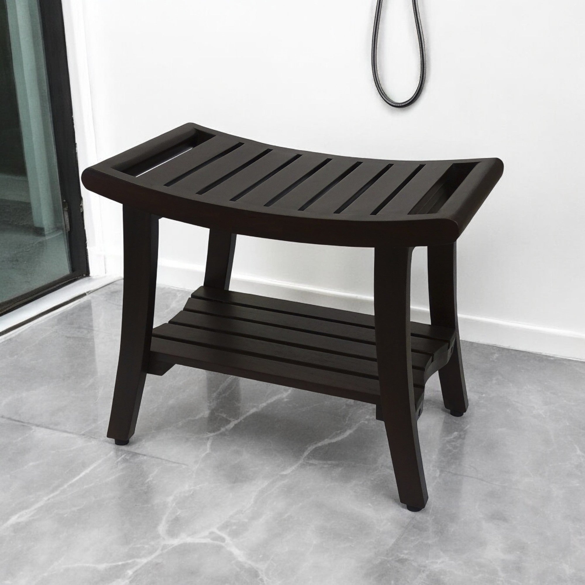 24" Dark Brown Freestanding Teak Shower Bench With Shelf And Handles-0