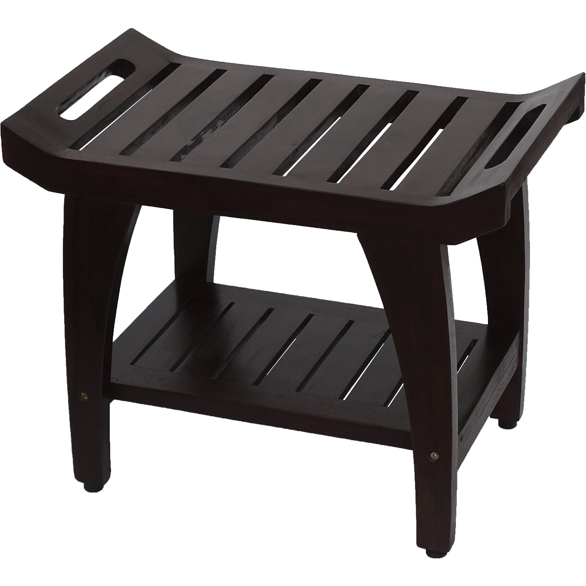Contemporary Teak Shower Bench With Shelf And Handles In Brown Finish-0