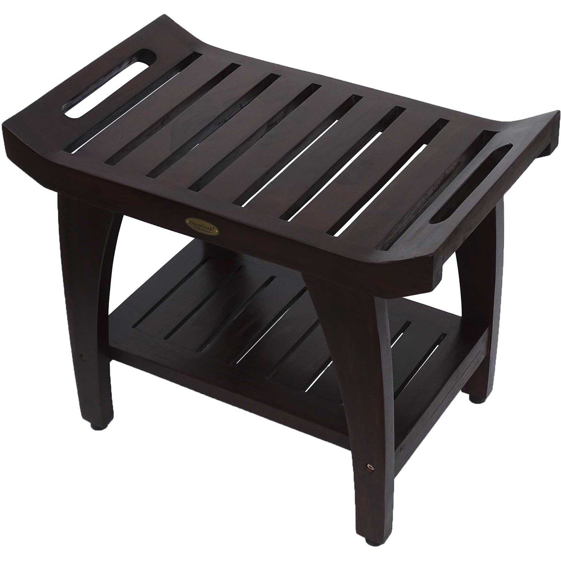 Contemporary Teak Shower Bench With Shelf And Handles In Brown Finish-1