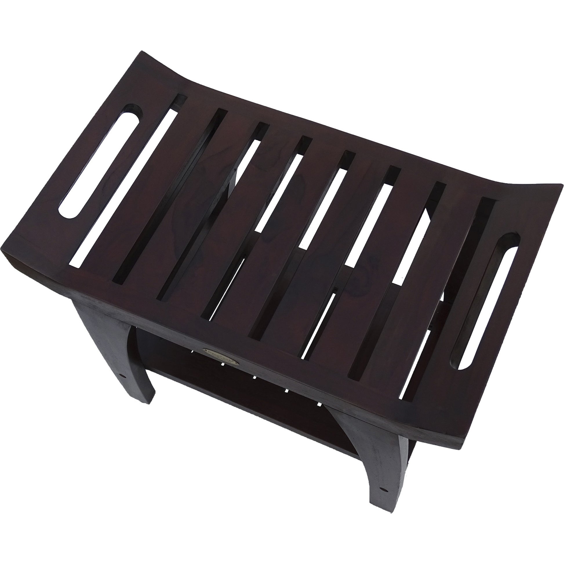 Contemporary Teak Shower Bench With Shelf And Handles In Brown Finish-2