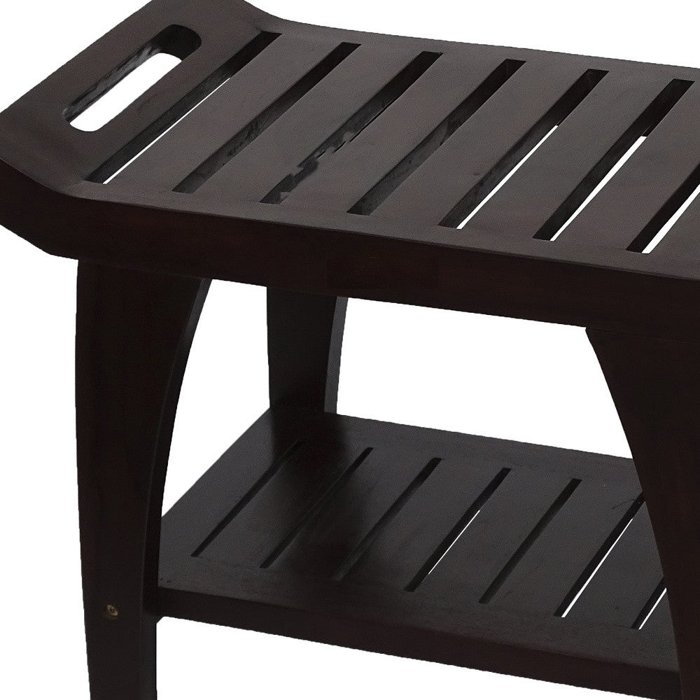 Contemporary Teak Shower Bench With Shelf And Handles In Brown Finish-4