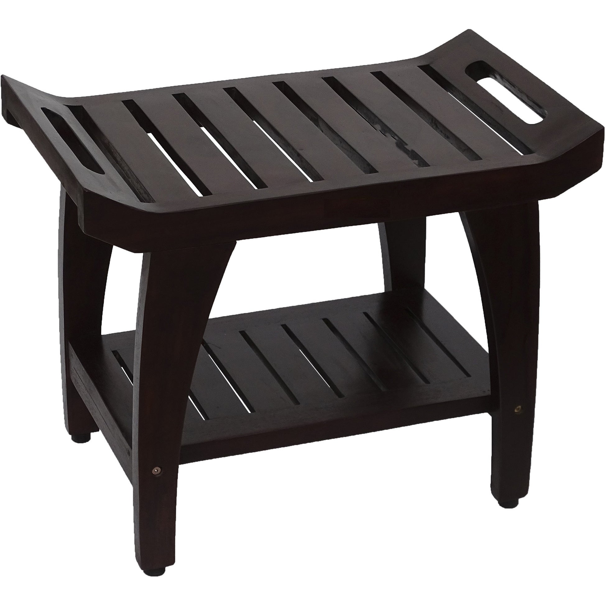 Contemporary Teak Shower Bench With Shelf And Handles In Brown Finish-5