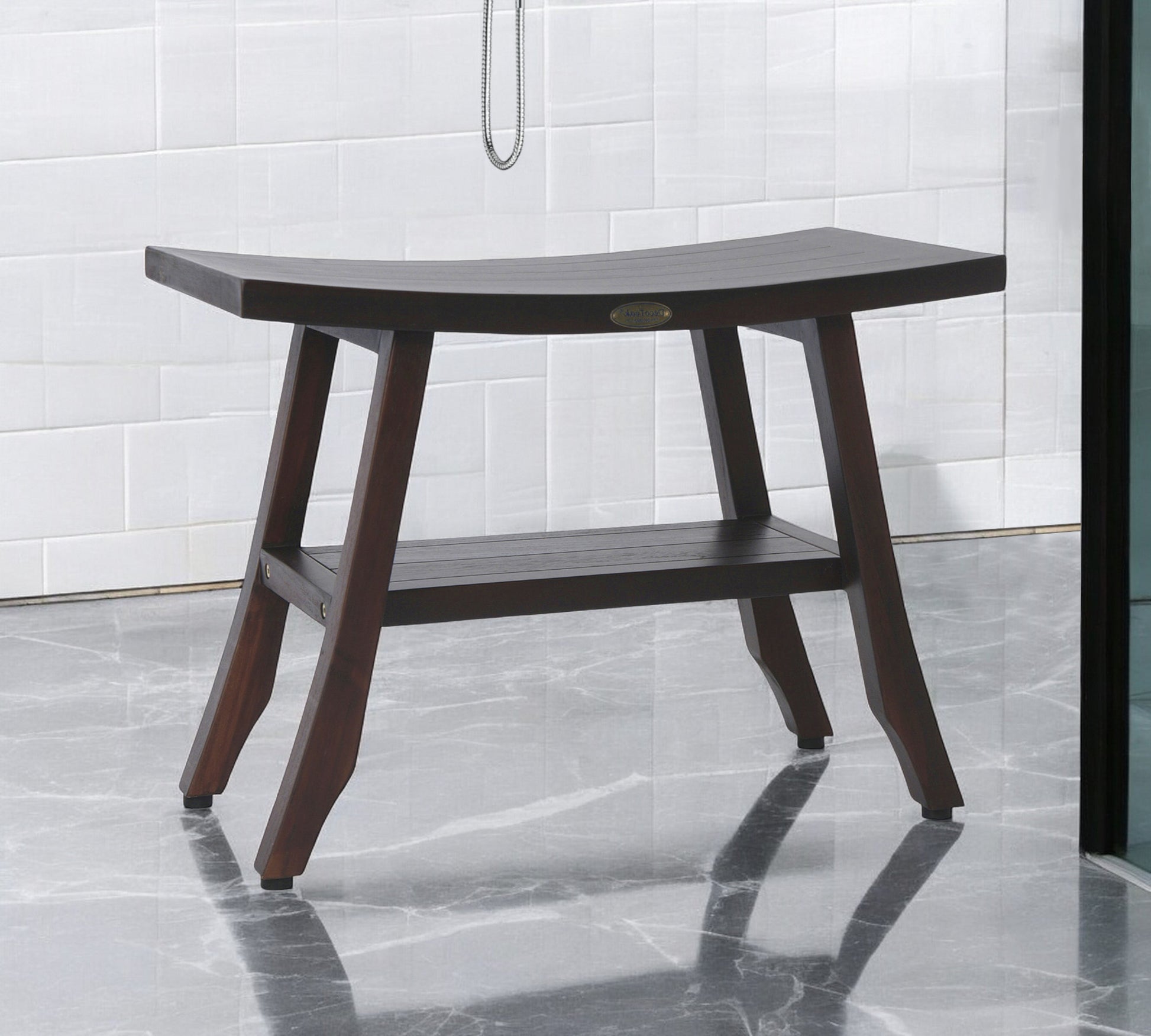24" Dark Brown Teak Shower Bench With Shelf-0