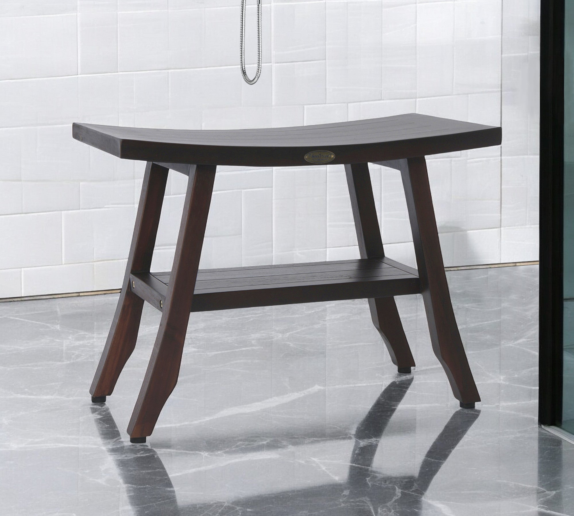 24" Dark Brown Teak Shower Bench With Shelf-0