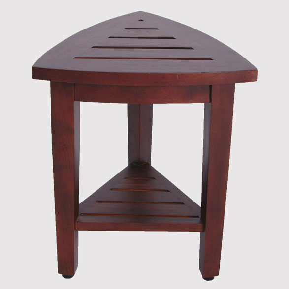 Compact Teak Corner Shower  Outdoor Bench With Shelf In Brown Finish-1