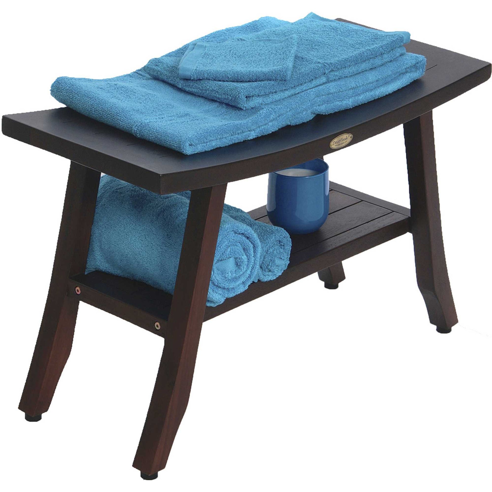 28" Dark Brown Teak Rectangular Shower Bench With Shelf-5