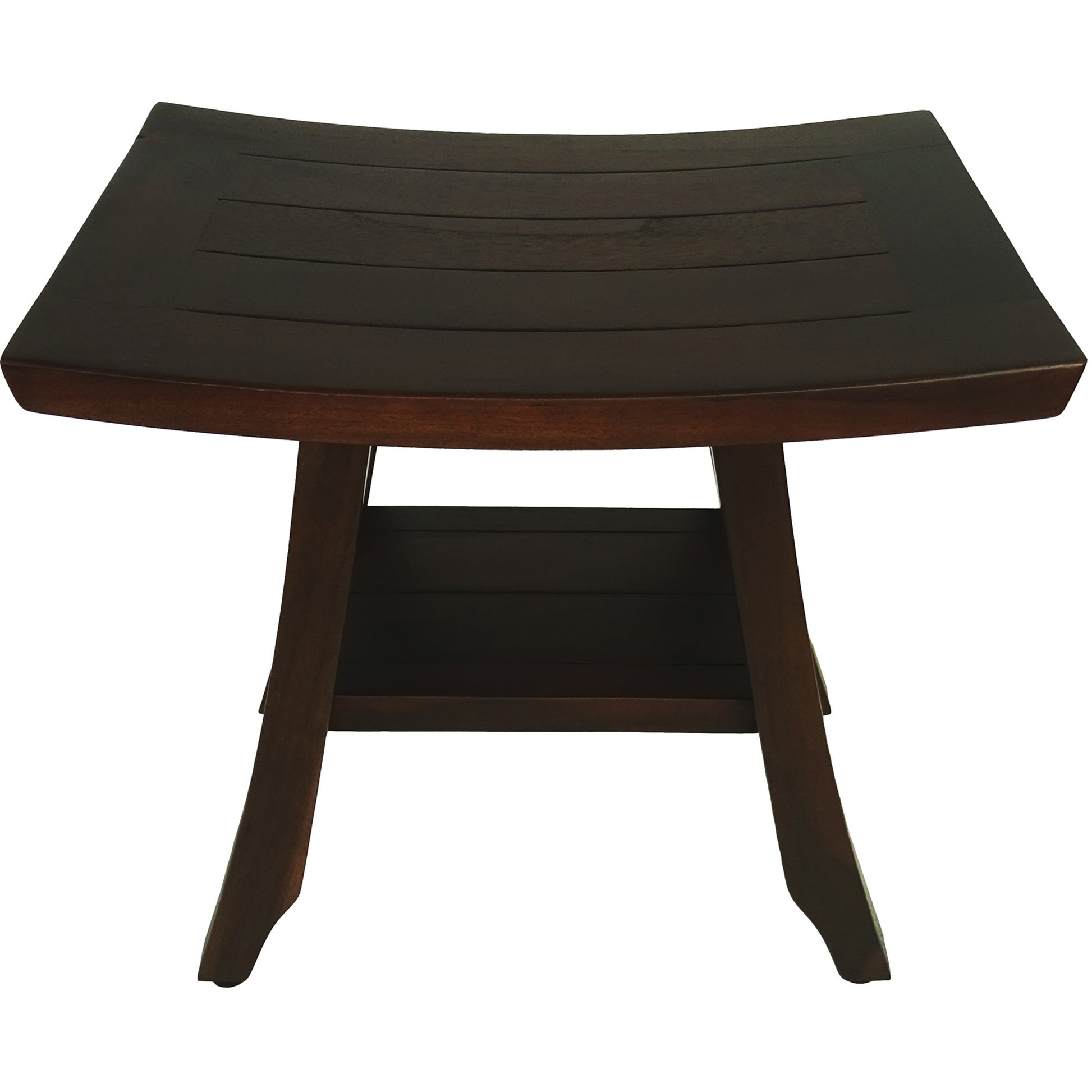 Compact Curvilinear Teak Shower Or Outdoor Bench With Shelf In Brown Finish-1