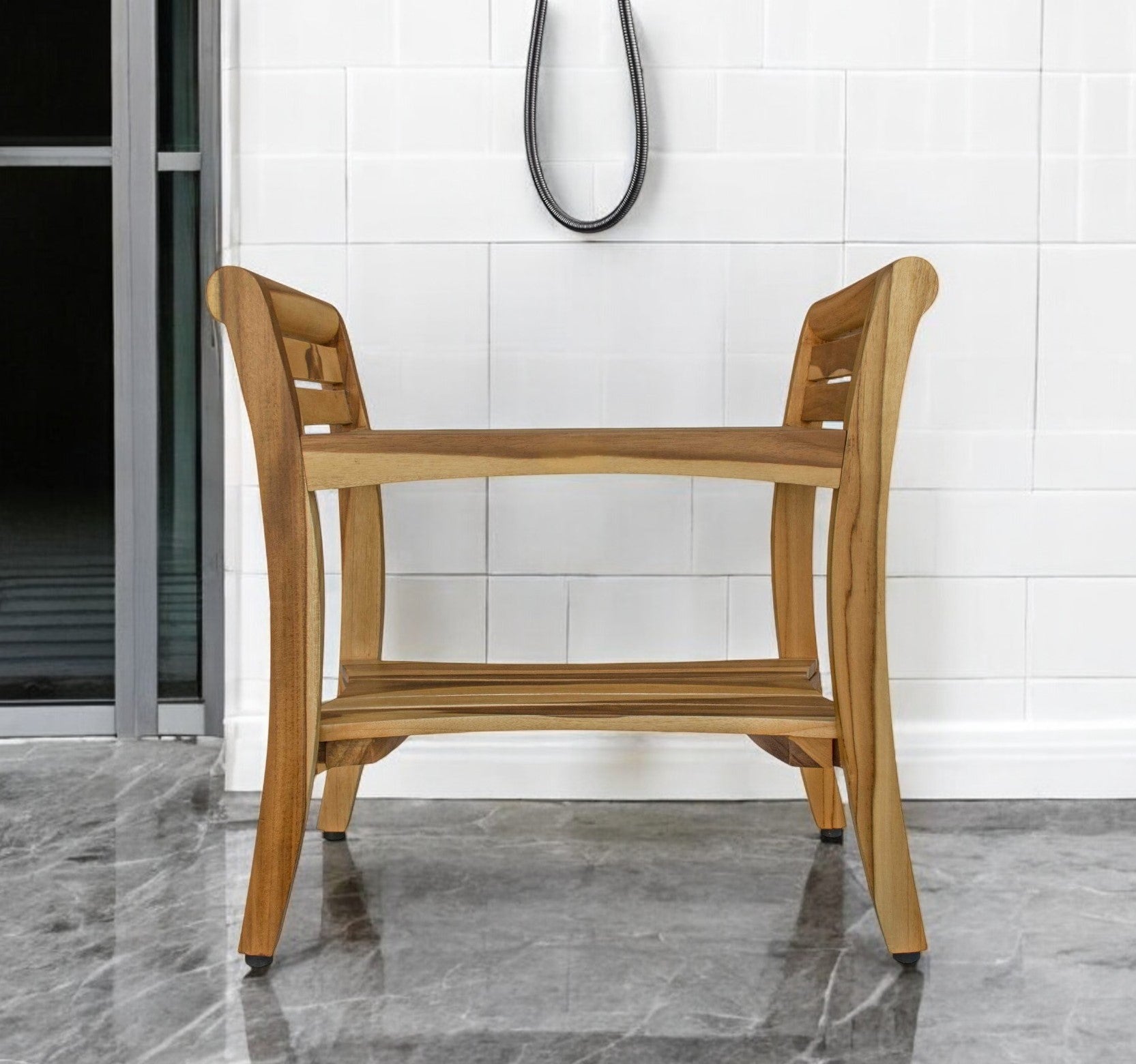 24" Natural Solid Teak Wood Shower Bench With Handles-0