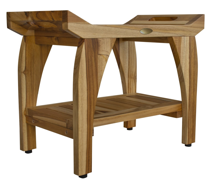 Compact Rectangular Teak Shower Bench With Handles In Natural Finish-4
