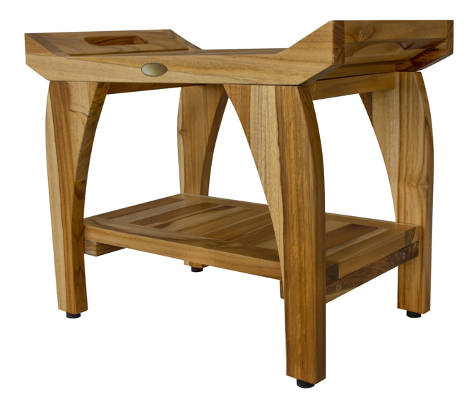 Compact Rectangular Teak Shower Bench With Handles In Natural Finish-1