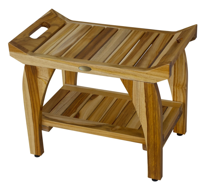 Compact Rectangular Teak Shower Bench With Handles In Natural Finish-2