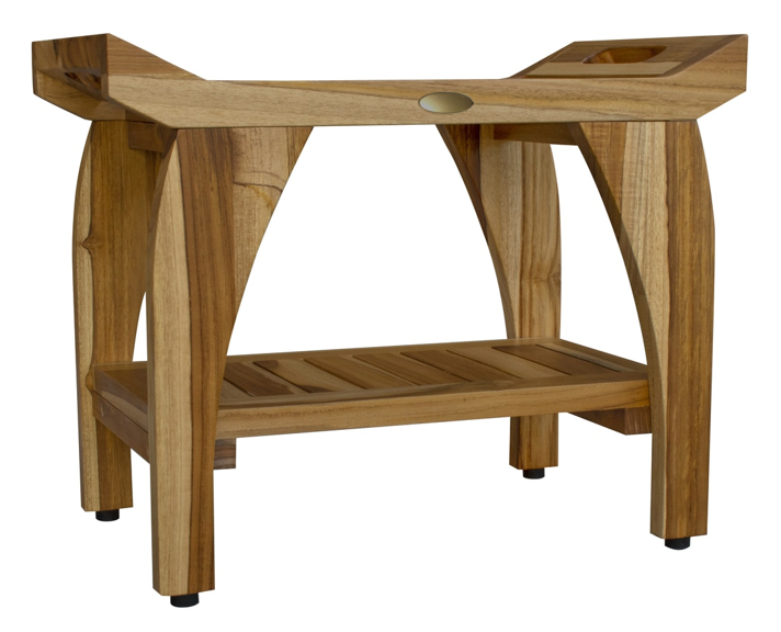 Compact Rectangular Teak Shower Bench With Handles In Natural Finish-3