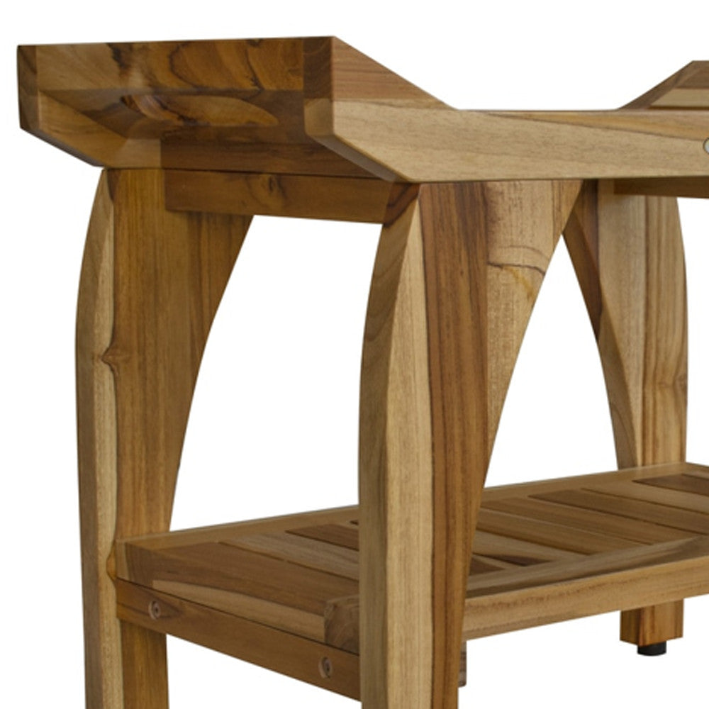 Compact Rectangular Teak Shower Bench With Handles In Natural Finish-5