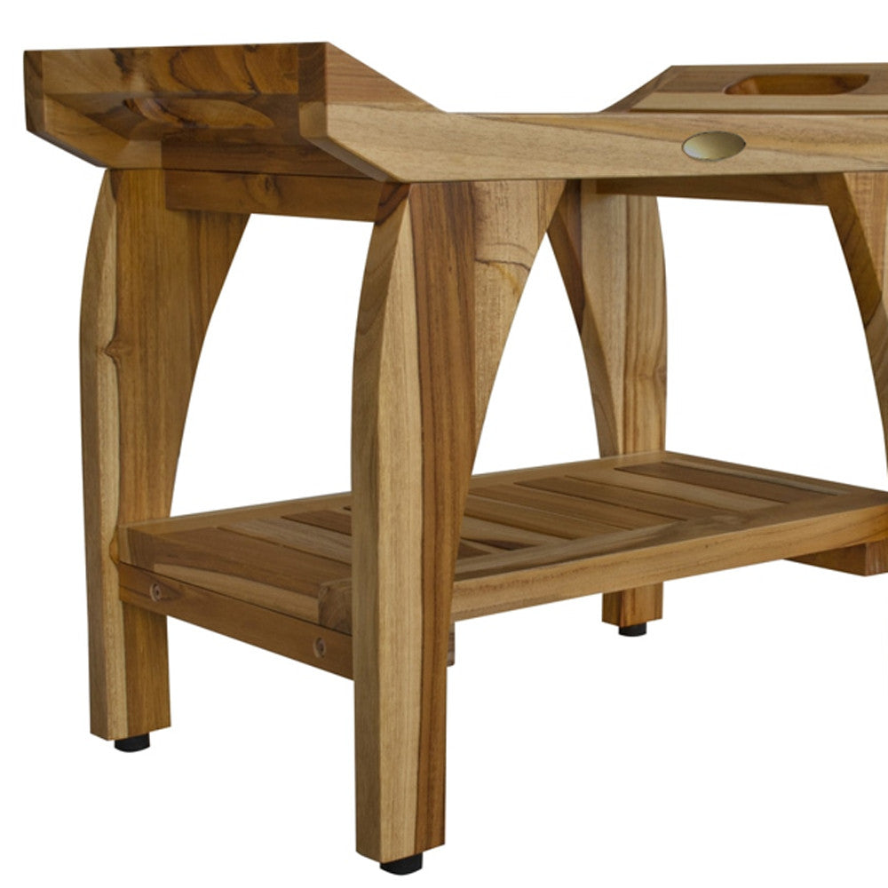 Compact Rectangular Teak Shower Bench With Handles In Natural Finish-6