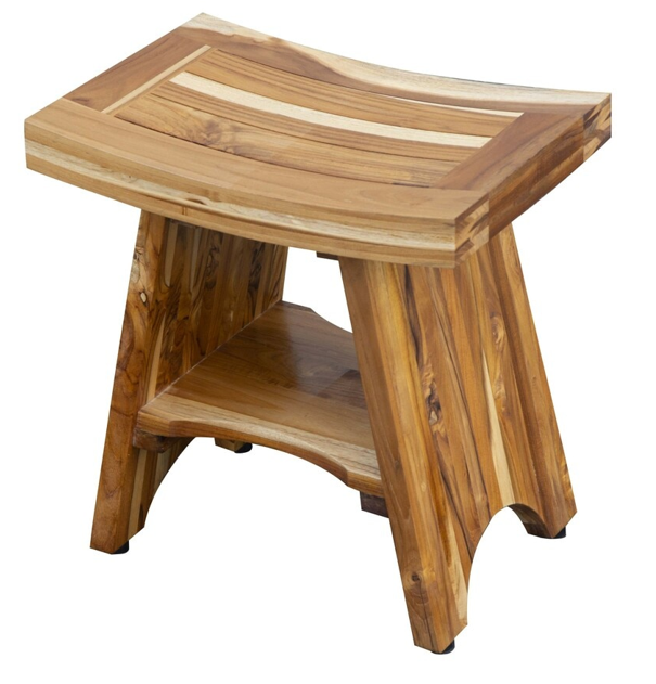 Compact Curvilinear Teak Shower Outdoor Bench With Shelf In Natural Finish-2