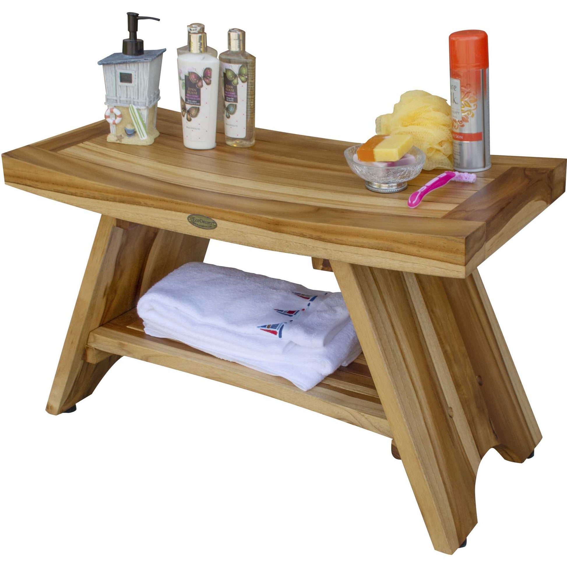 Rectangular Teak Shower Stool Or Bench With Shelf In Natural Finish-4