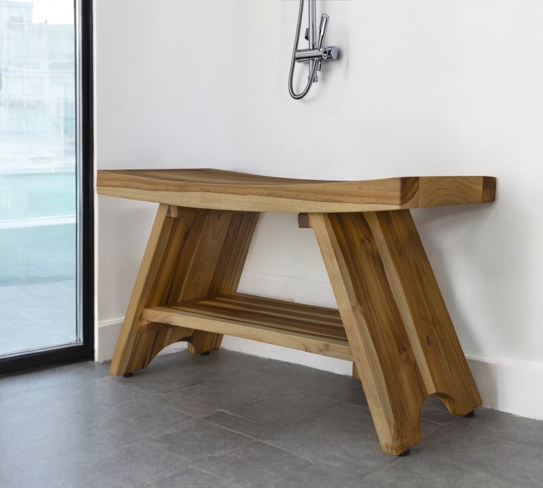 35" Teak Rectangular Shower Outdoor Bench With Shelf In Natural Finish-0