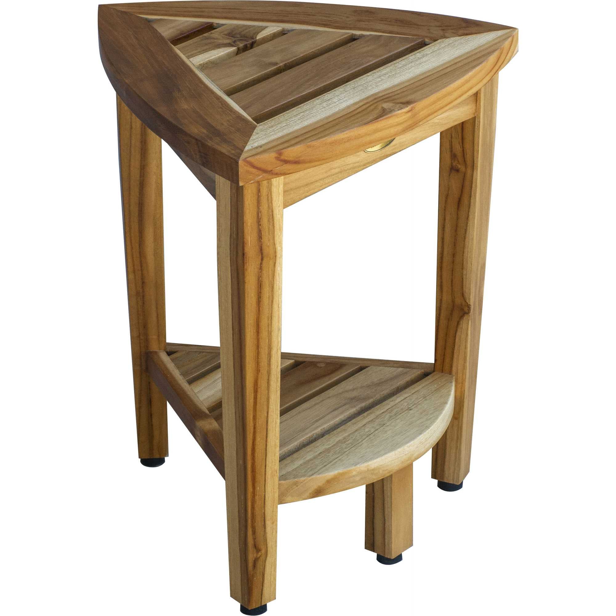 Compact Teak Corner Shower Or Outdoor Bench With Shelf In Natural Finish-1