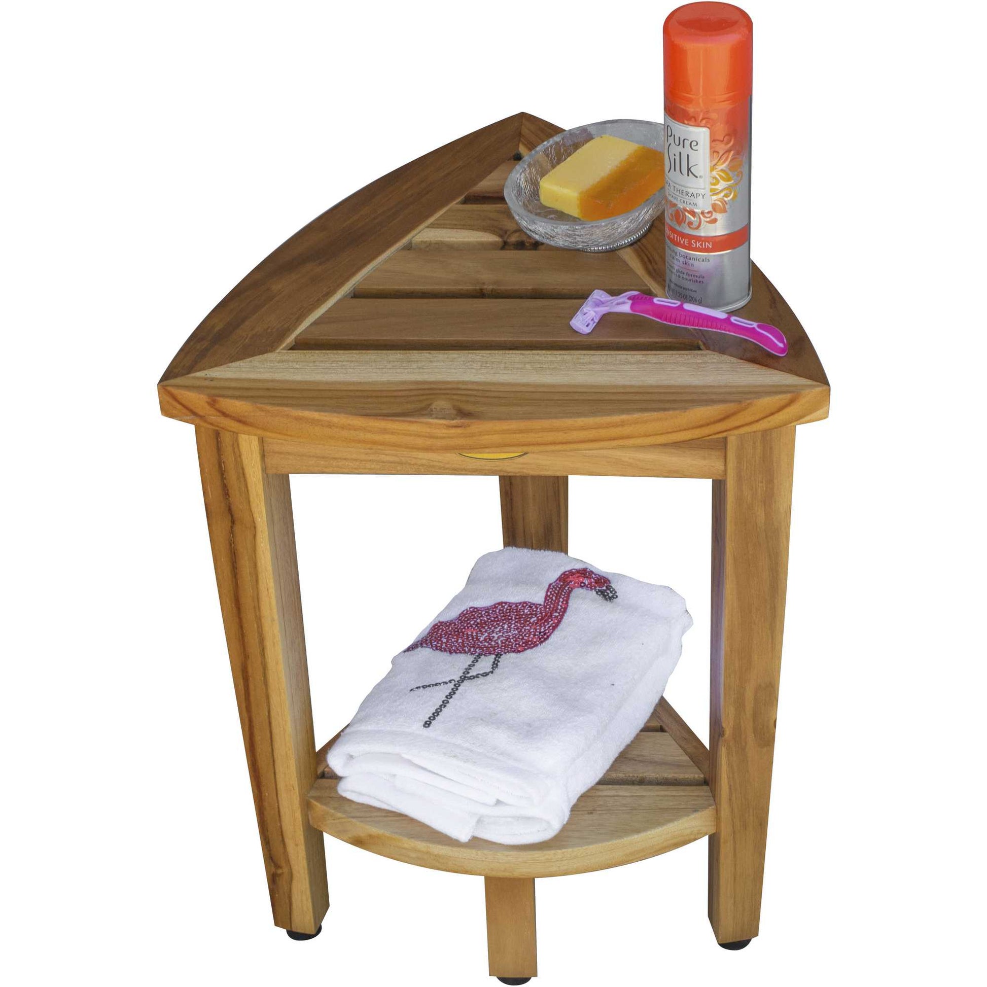 Compact Teak Corner Shower Or Outdoor Bench With Shelf In Natural Finish-3