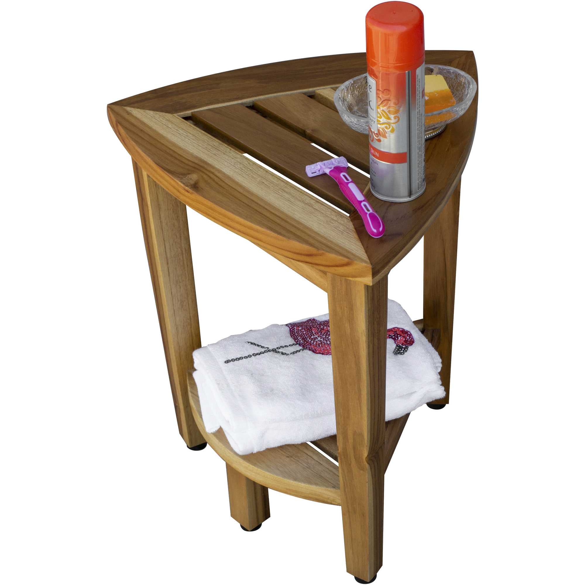 Compact Teak Corner Shower Or Outdoor Bench With Shelf In Natural Finish-4