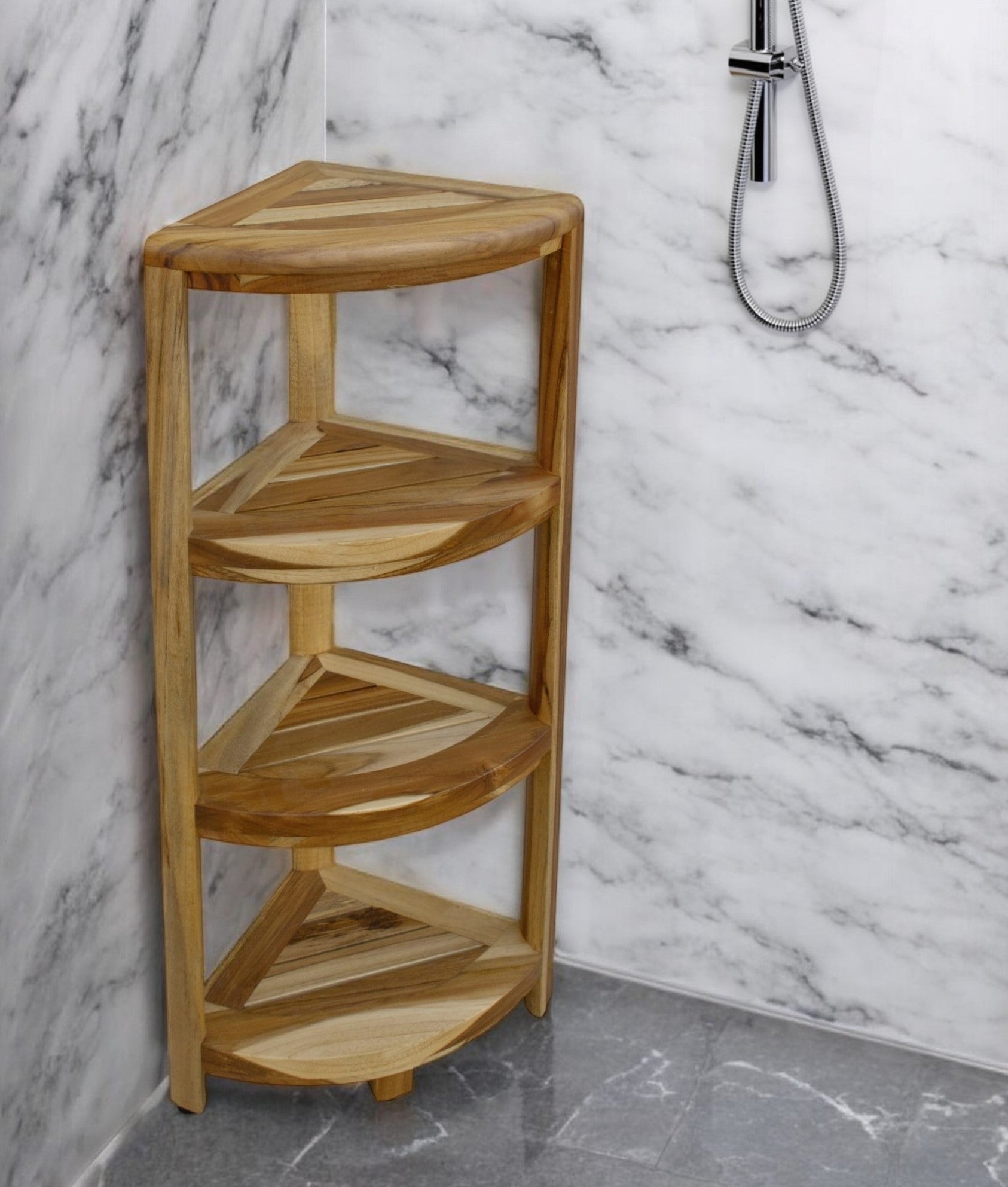 38" Natural Solid Teak Wood Freestanding Corner Shelving Unit-0