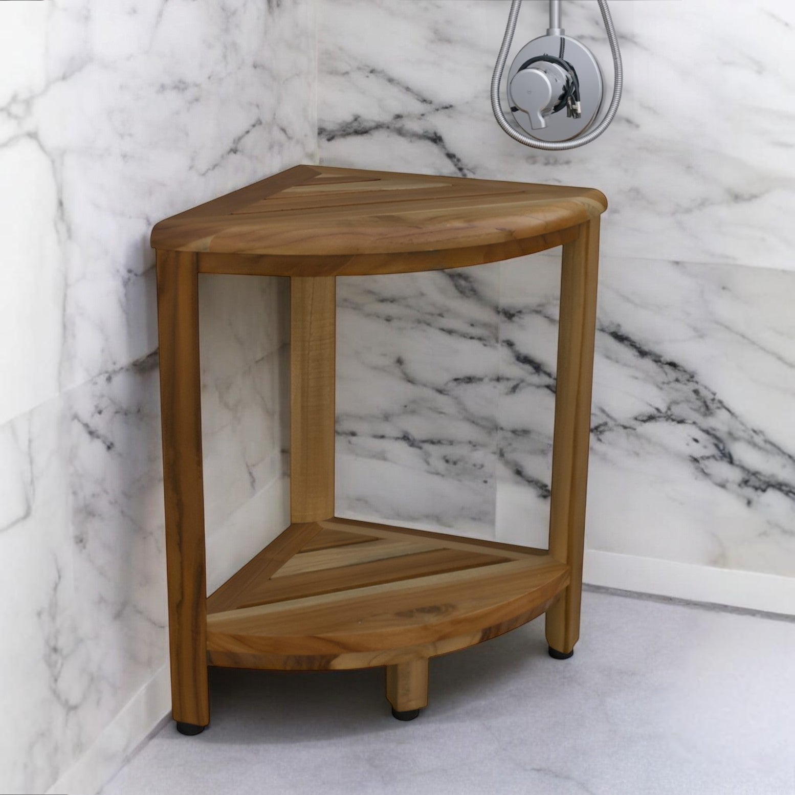 17" Brown Teak Corner Shower Bench With Shelf-0