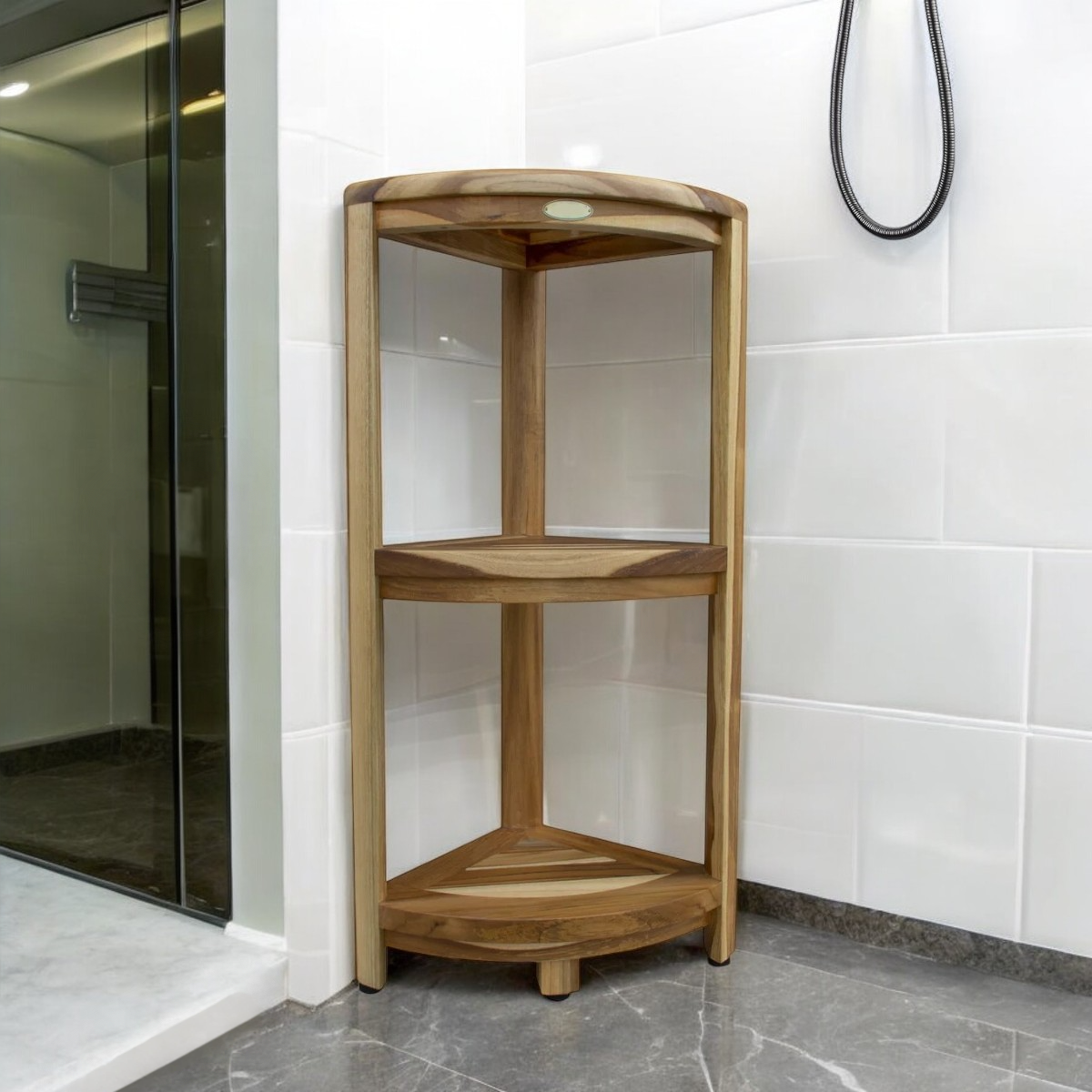 33" Natural Teak Corner Shower Bench With Shelf-0