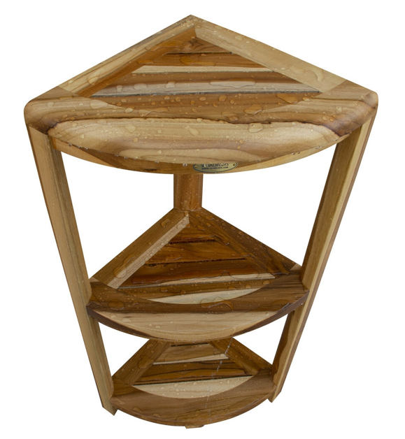 33" Natural Teak Corner Shower Bench With Shelf-3