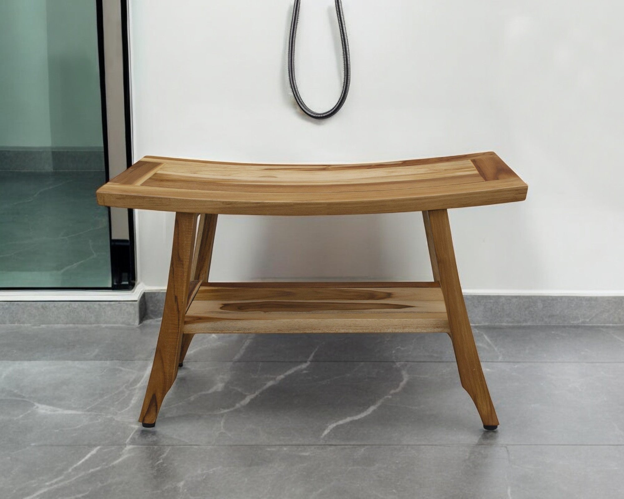 28" Natural Solid Teak Rectangular Shower Bench With Shelf-0
