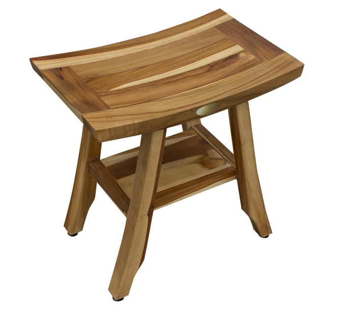 Compact Rectangular Teak Shower Outdoor Bench With Shelf In Natural Finish-1