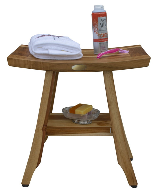 Compact Rectangular Teak Shower Outdoor Bench With Shelf In Natural Finish-3