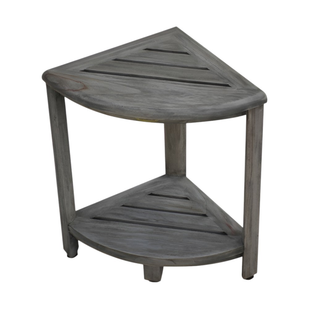17" Gray Teak Corner Shower Bench With Shelf-3
