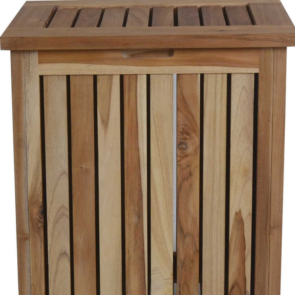 Compact Teak Laundy Storage With Removable Bag In Natural Finish-Dressers-DECOROLALA