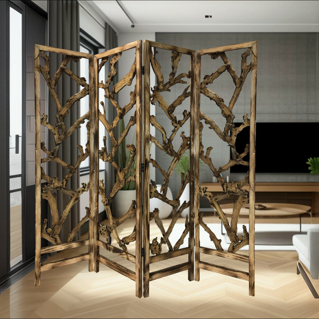 84" Brown Solid WoodFolding Four Panel Screen Room Divider-Room Dividers-DECOROLALA