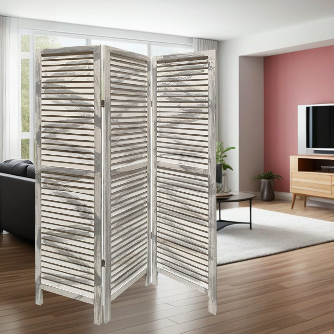 67" Gray Folding Three Panel Screen Room Divider-Room Dividers-DECOROLALA