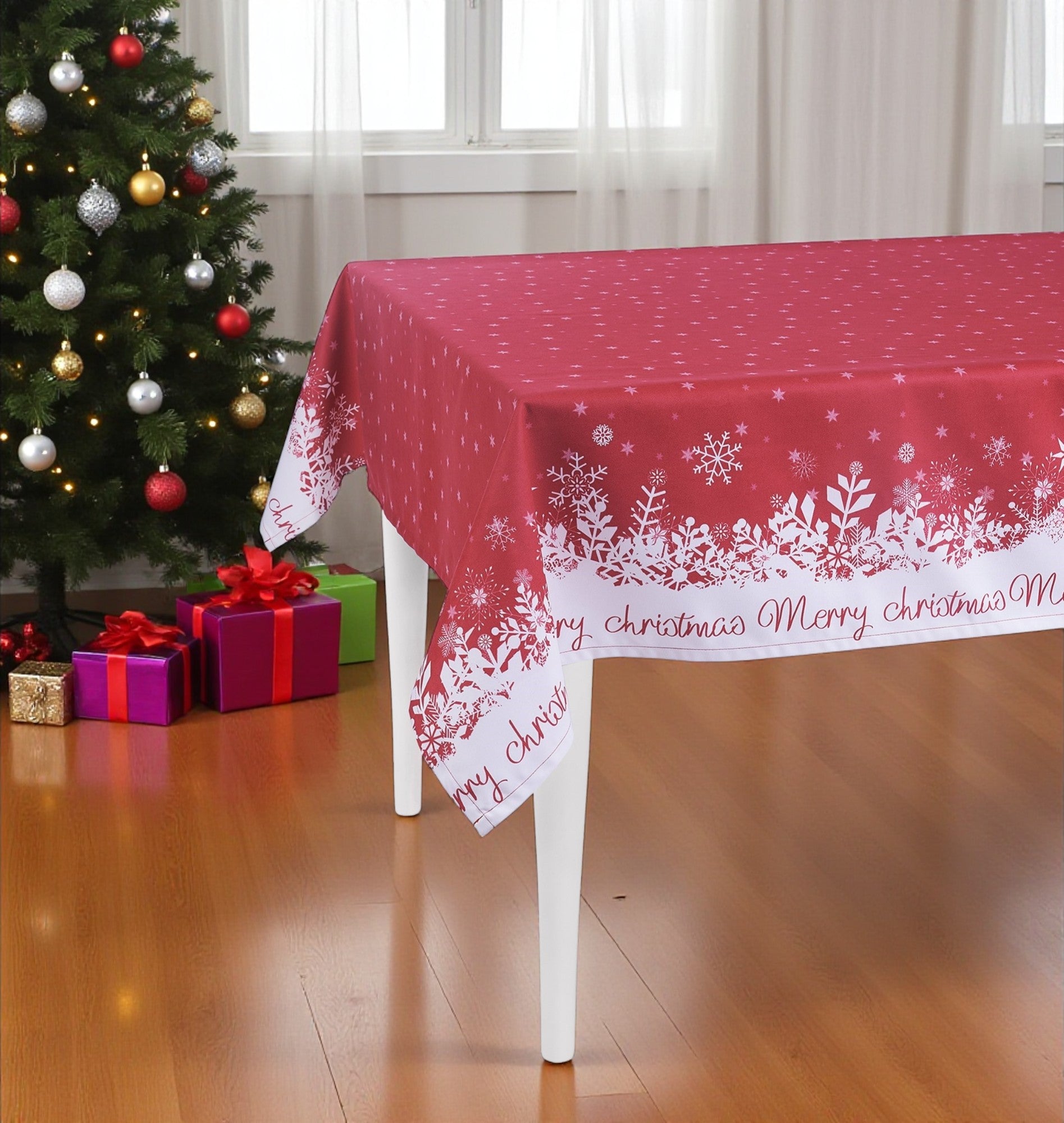 55" X 84" Red And White Polyester Tablecloth-Dining Linens-DECOROLALA