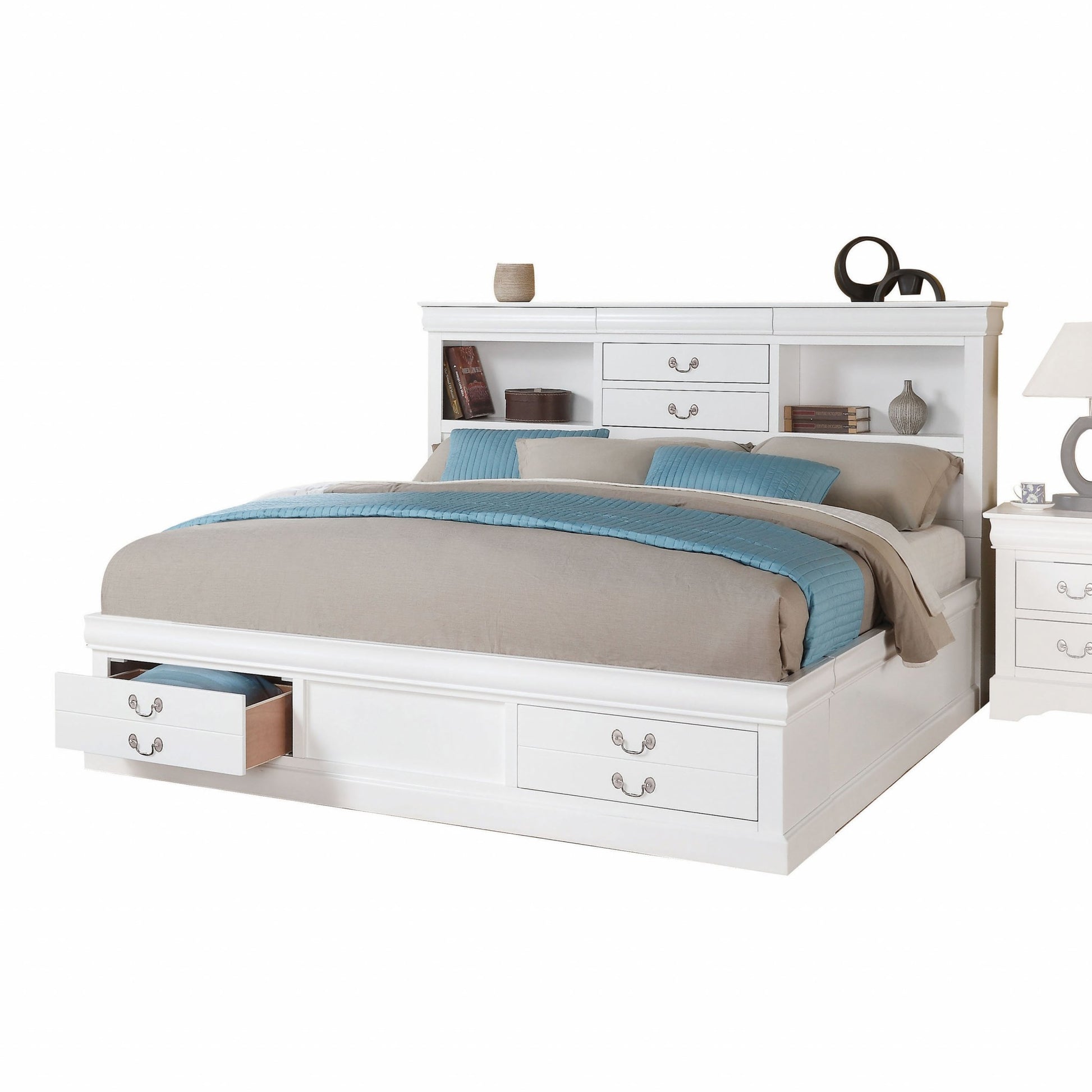 White Wood Queen Bed Frame With Four Drawers-Standard Beds-DECOROLALA