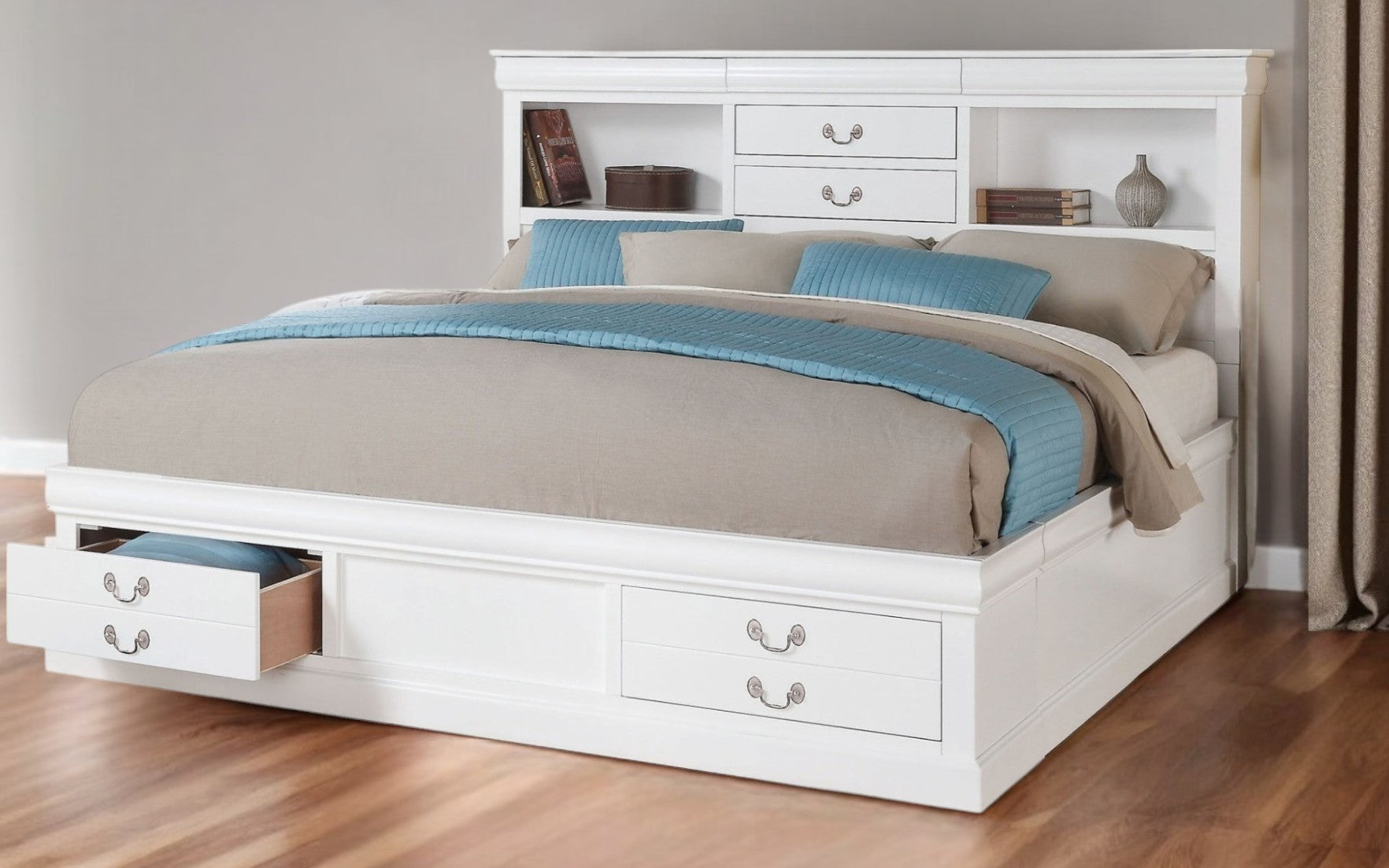 White Wood Queen Bed Frame With Four Drawers-Standard Beds-DECOROLALA