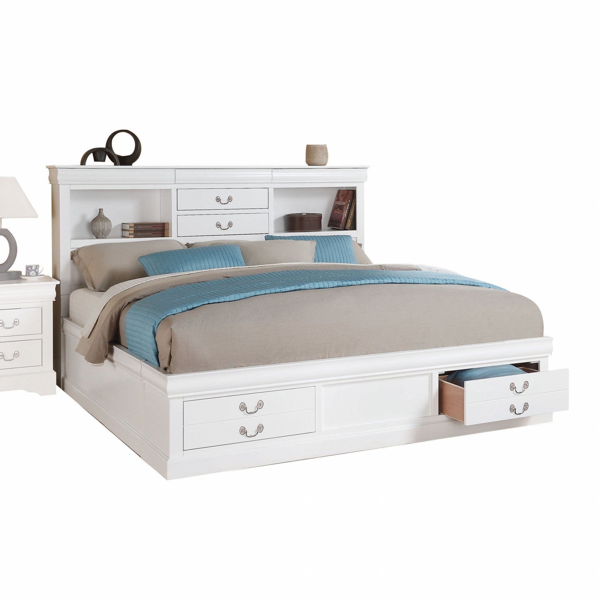 White Wood Queen Bed Frame With Four Drawers-Standard Beds-DECOROLALA