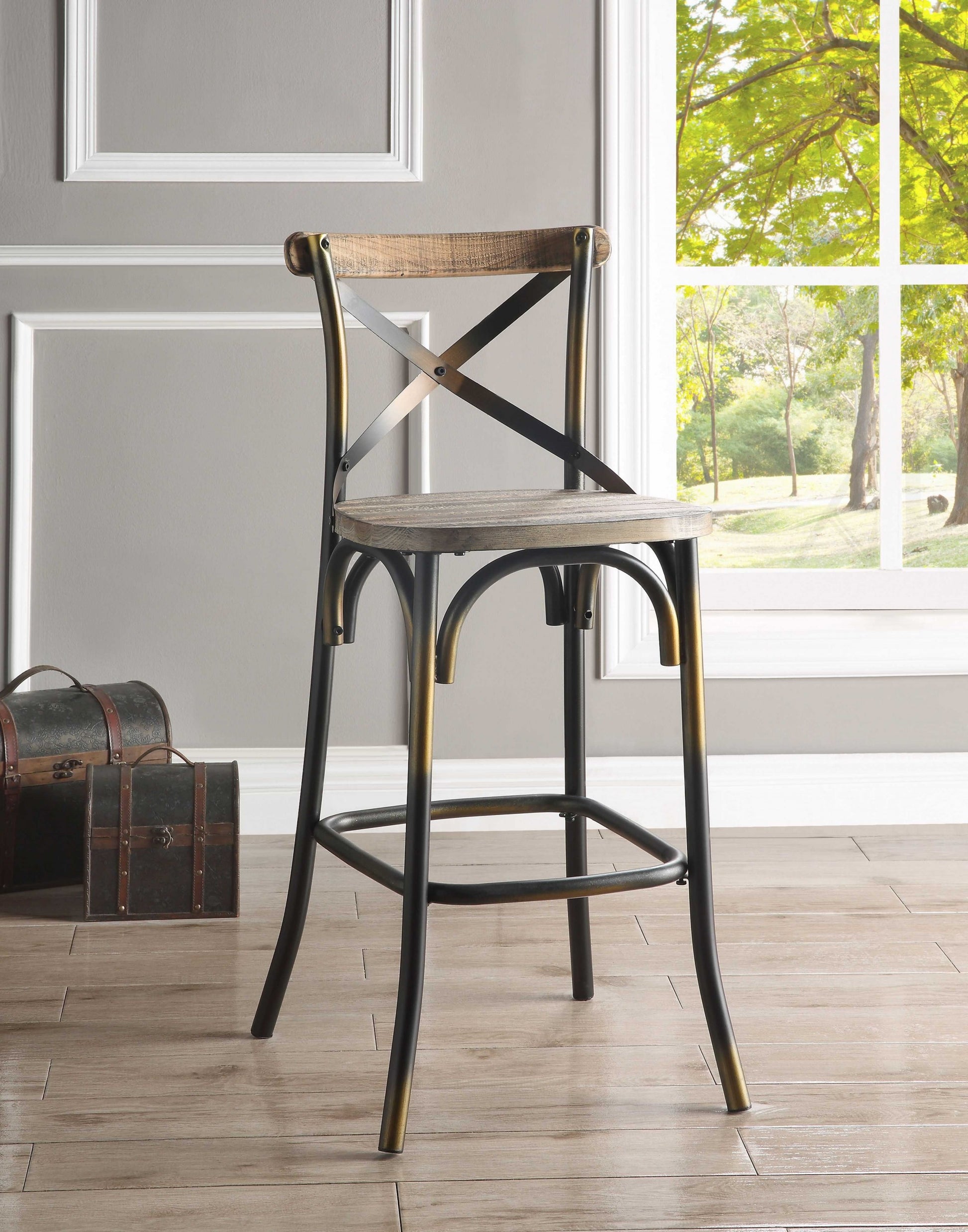 43" Oak And Black and Gold Solid Wood And Metal Bar Height Bar Chair-7