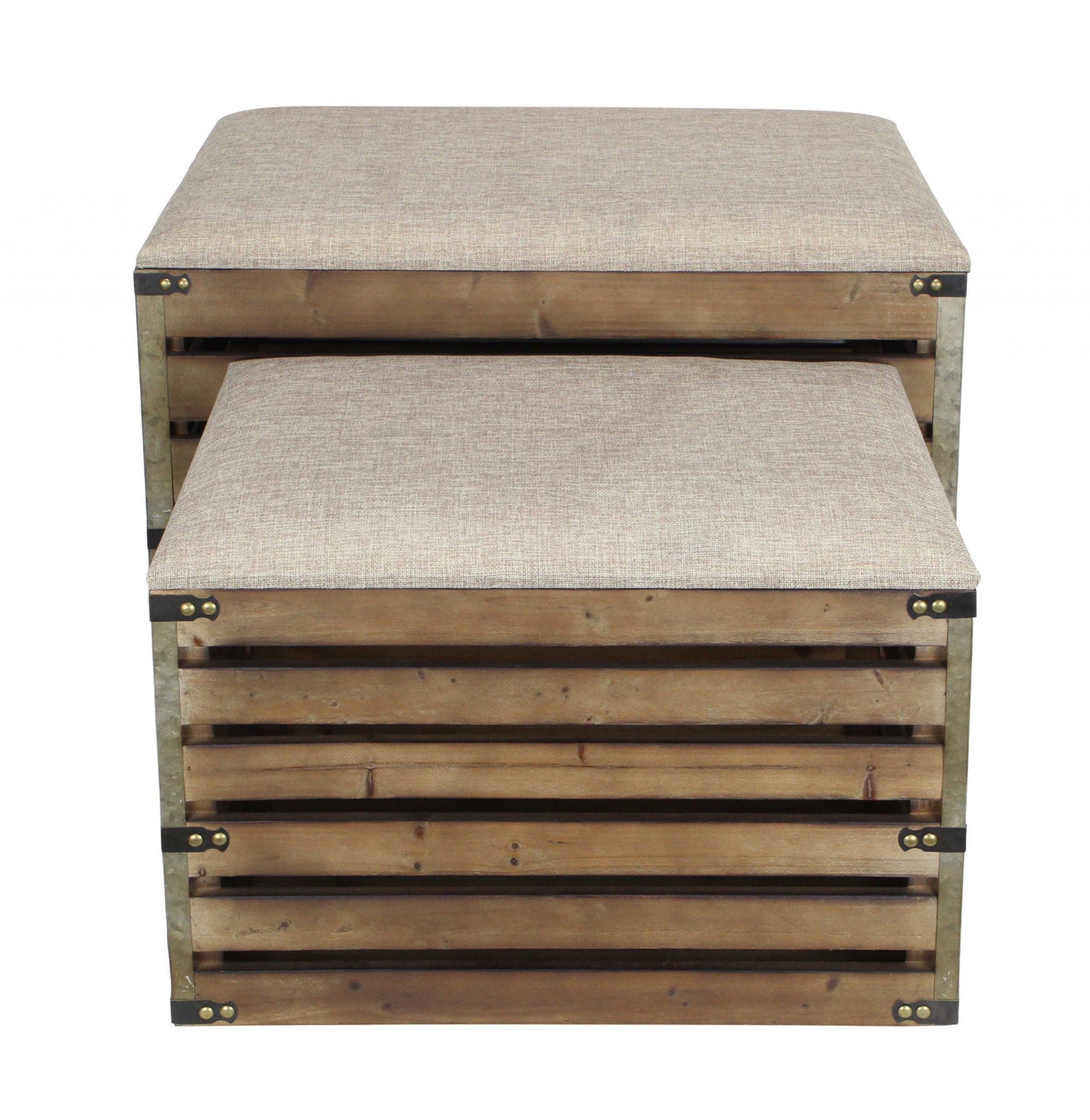 Set of Two Brown Wood Slat and Upholstery Storage Benches With Flip Top-Benches-DECOROLALA