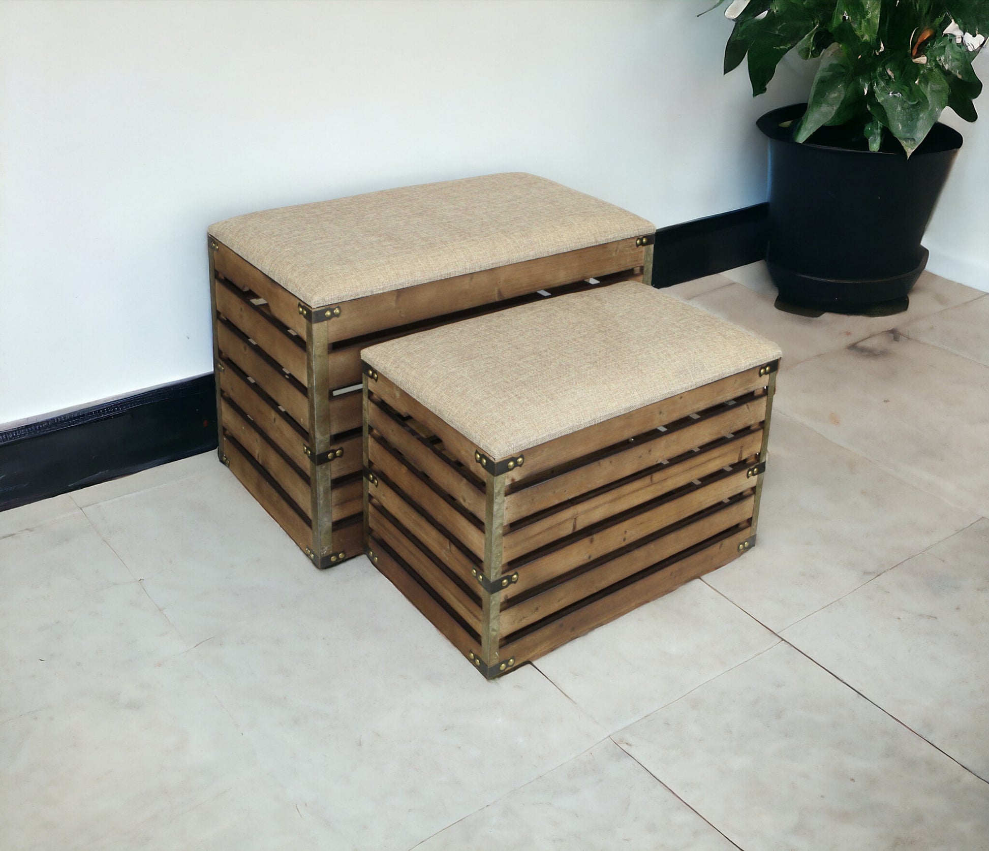 Set of Two Brown Wood Slat and Upholstery Storage Benches With Flip Top-Benches-DECOROLALA