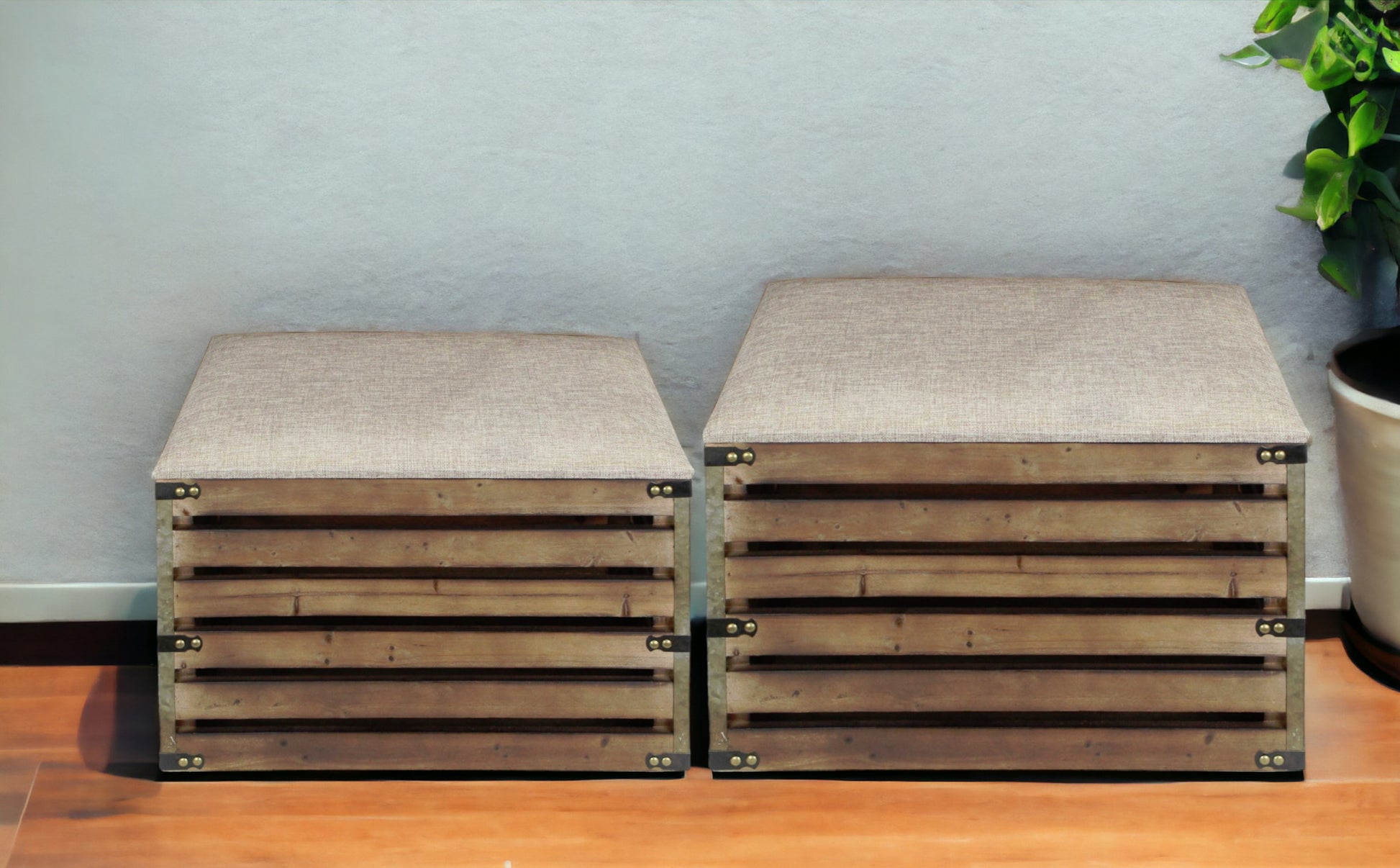 Set of Two Brown Wood Slat and Upholstery Storage Benches With Flip Top-Benches-DECOROLALA