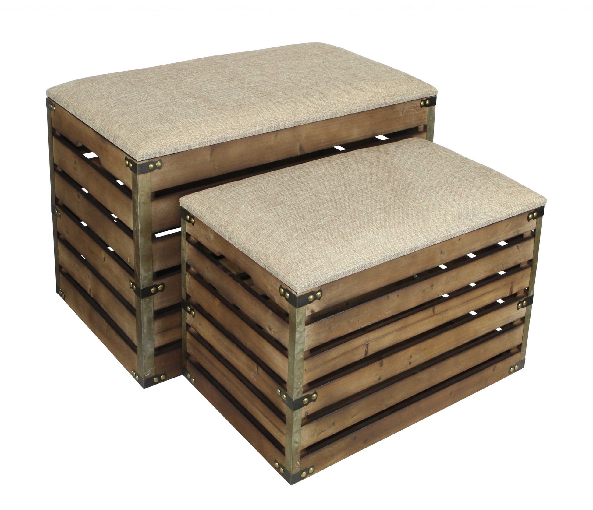 Set of Two Brown Wood Slat and Upholstery Storage Benches With Flip Top-Benches-DECOROLALA